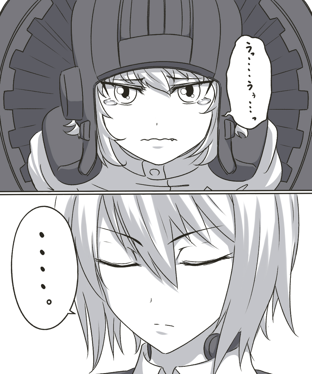 2girls, close-up, closed_eyes, comic, girls_und_panzer, highres, katyusha, kizeminato
