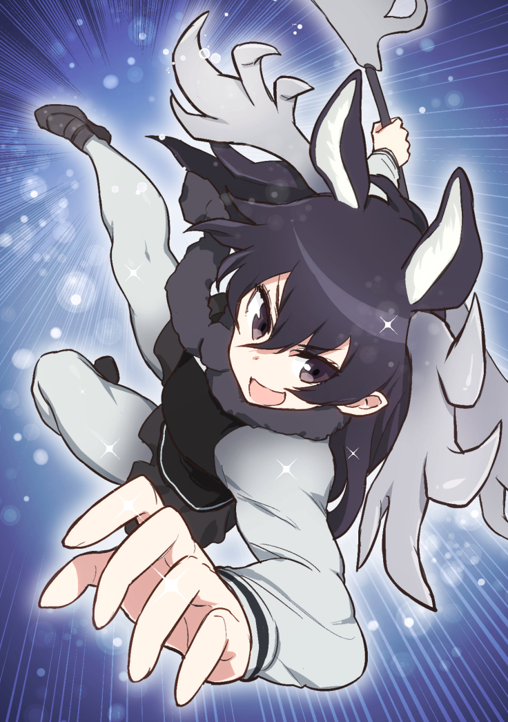1girl, antlers, battle, fighting, full_body, hori, kemono_friends, moose_(kemono_friends)