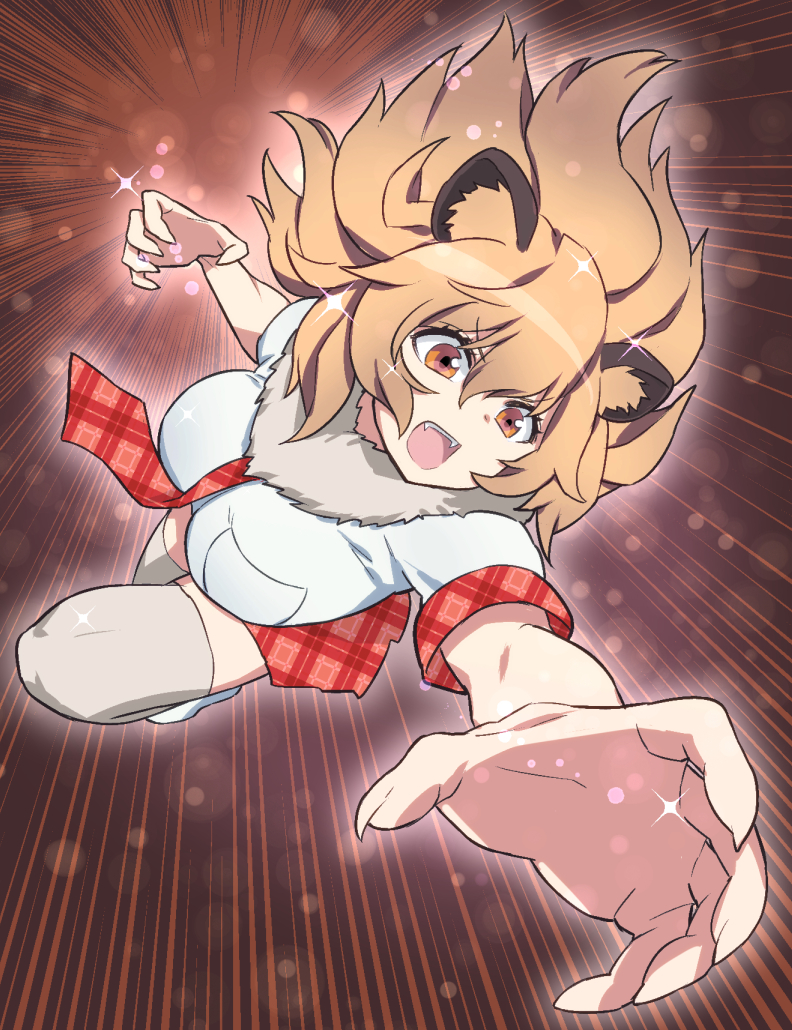 1girl, animal_ears, battle, breast_pocket, breasts, fangs, fighting, fingernails