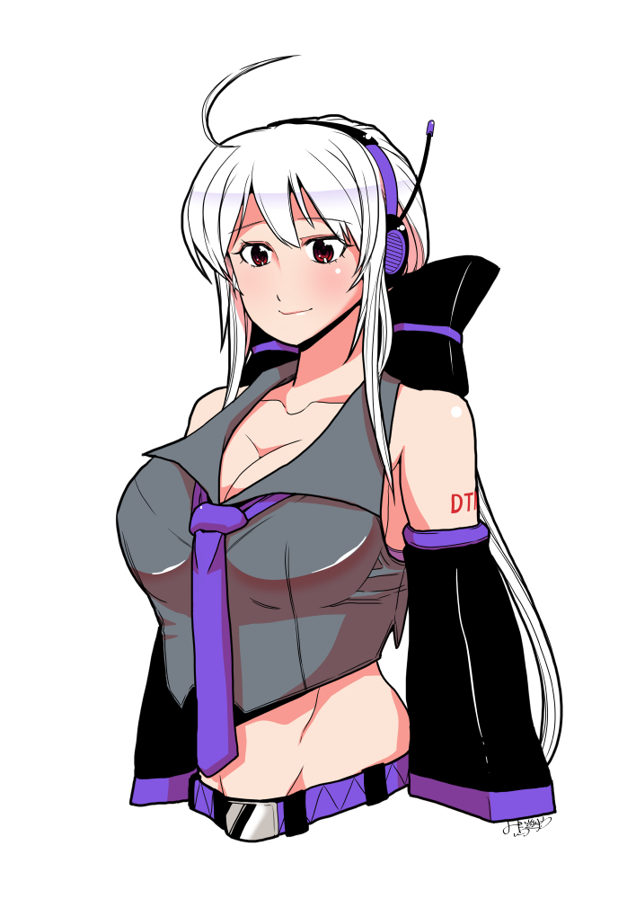 1girl, ahoge, bare_shoulders, belt, belt_buckle, birdsong, blush, breasts