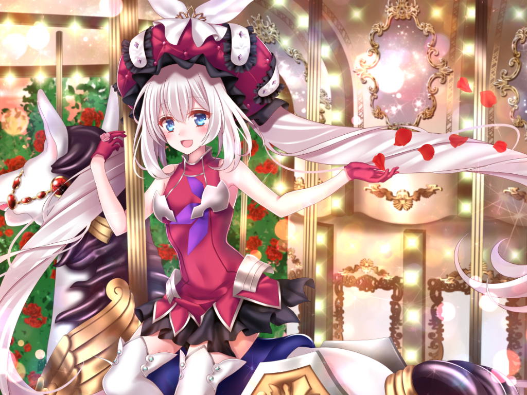 1girl, :d, bangs, bare_shoulders, blue_eyes, blush, boots, breasts, carousel, covered_navel, dress, fate/grand_order, fate_(series), gloves, hat, long_hair, looking_at_viewer, marie_antoinette_(fate/grand_order), open_mouth, petals, red_dress, red_gloves, rose_petals, silver_hair, sitting, small_breasts, smile, solo, thigh-highs, thigh_boots, twintails, very_long_hair, yuzushiro_(sei)