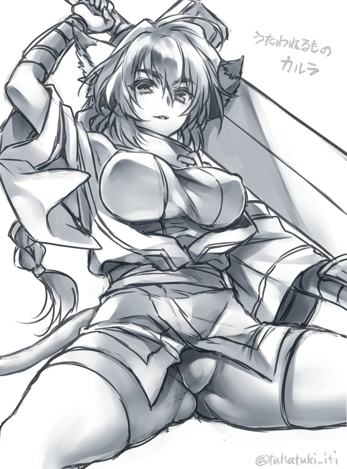 1girl, ahoge, animal_ears, arm_above_head, arm_up, armpits, bandage, bangs, bare_shoulders, bike_shorts, braid, breasts, chains, character_name, collar, commentary_request, copyright_name, cowboy_shot, erect_nipples, from_below, gluteal_fold, greyscale, groin, hair_between_eyes, hair_intakes, holding, holding_sword, holding_weapon, karura_(utawareru_mono), large_breasts, lion_ears, lion_tail, long_hair, long_sleeves, looking_at_viewer, looking_down, low-tied_long_hair, metal_collar, monochrome, obi, off_shoulder, over_shoulder, parted_bangs, sash, sidelocks, single_braid, sketch, solo, spread_legs, sword, tail, takatsuki_ichi, text, thighs, twitter_username, utawareru_mono, vambraces, weapon, weapon_over_shoulder, wide_sleeves
