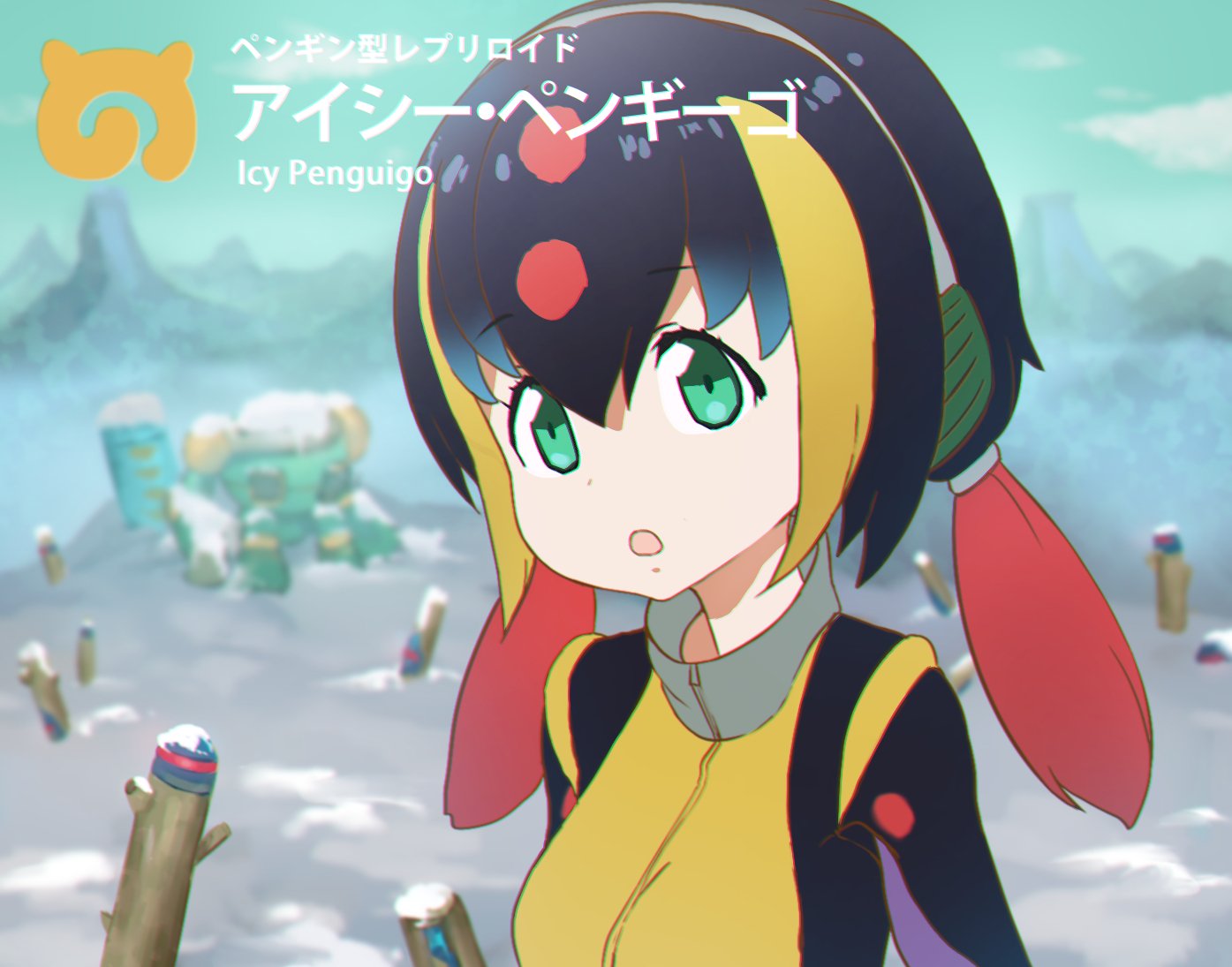 1girl, :o, bangs, black_hair, blonde_hair, blurry, character_name, chill_penguin