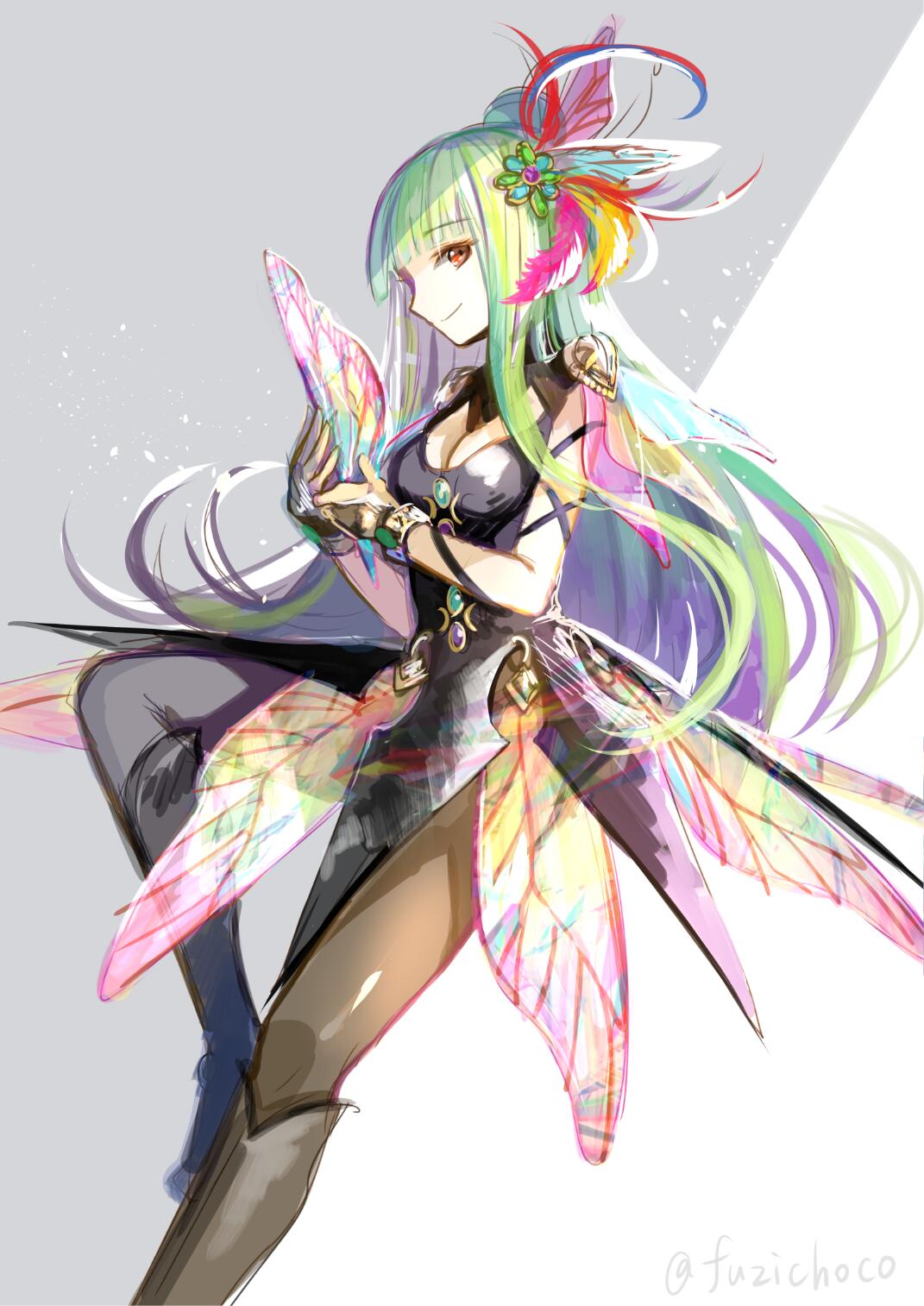 1girl, armor, boots, bravely_default:_flying_fairy, bravely_default_(series), breasts, bridal_gauntlets, choker, cleavage, dress, fuji_choko, gradient_hair, green_hair, hair_ornament, highres, jewelry, long_hair, medium_breasts, mephilia_venus, multicolored_hair, pantyhose, shoulder_armor, solo, very_long_hair