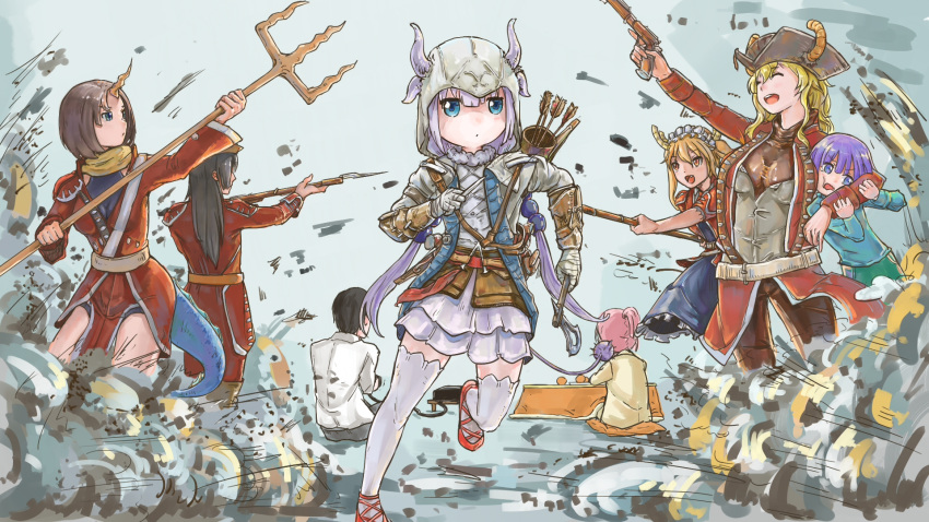 3boys, 5girls, :d, ^_^, antique_firearm, arrow, assassin's_creed_(series), assassin's_creed_iii