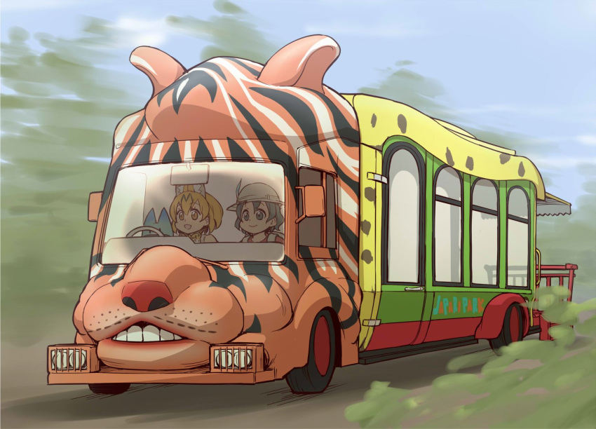 2girls, :d, animal_ears, backpack, bag, bucket_hat, bus, fuji_safari_park