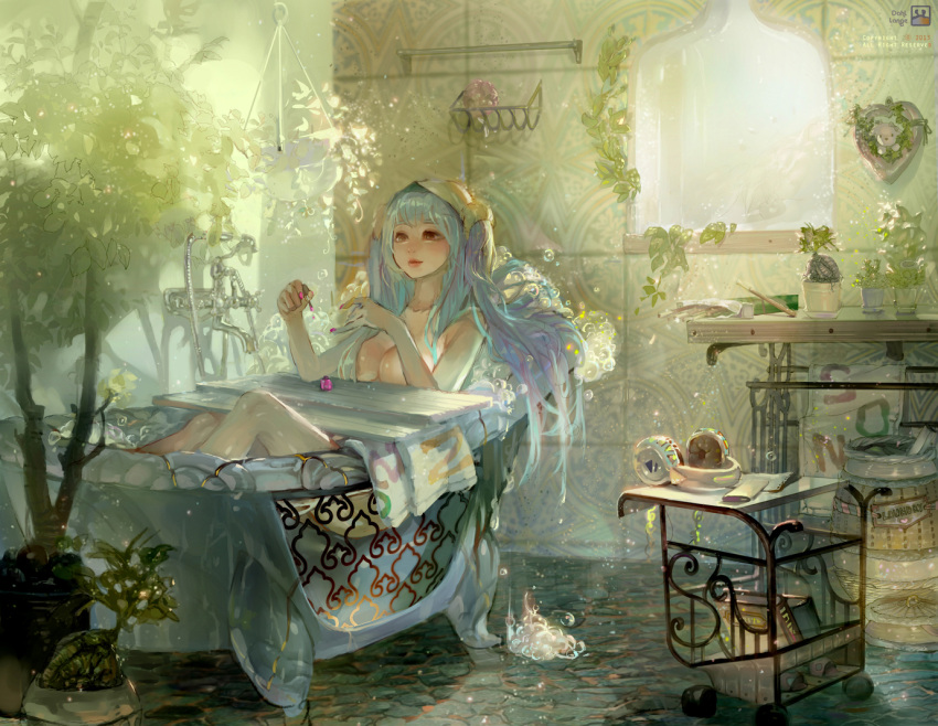 1girl, aqua_hair, artist_name, bath, bathing, bathtub, blue_hair, book, breasts, bubble, bubble_bath, claw_foot_bathtub, cleavage, dahl-lange, gradient_hair, headphones, indoors, league_of_legends, light_particles, long_hair, medium_breasts, multicolored_hair, nail_polish, nude, parted_lips, plant, potted_plant, revision, slipper_bathtub, soap_bubbles, solo, sona_buvelle, sunlight, towel, twintails, watermark, window