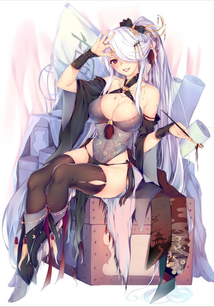 1girl, arm_up, black_legwear, black_panties, boots, breasts, chest, cleavage