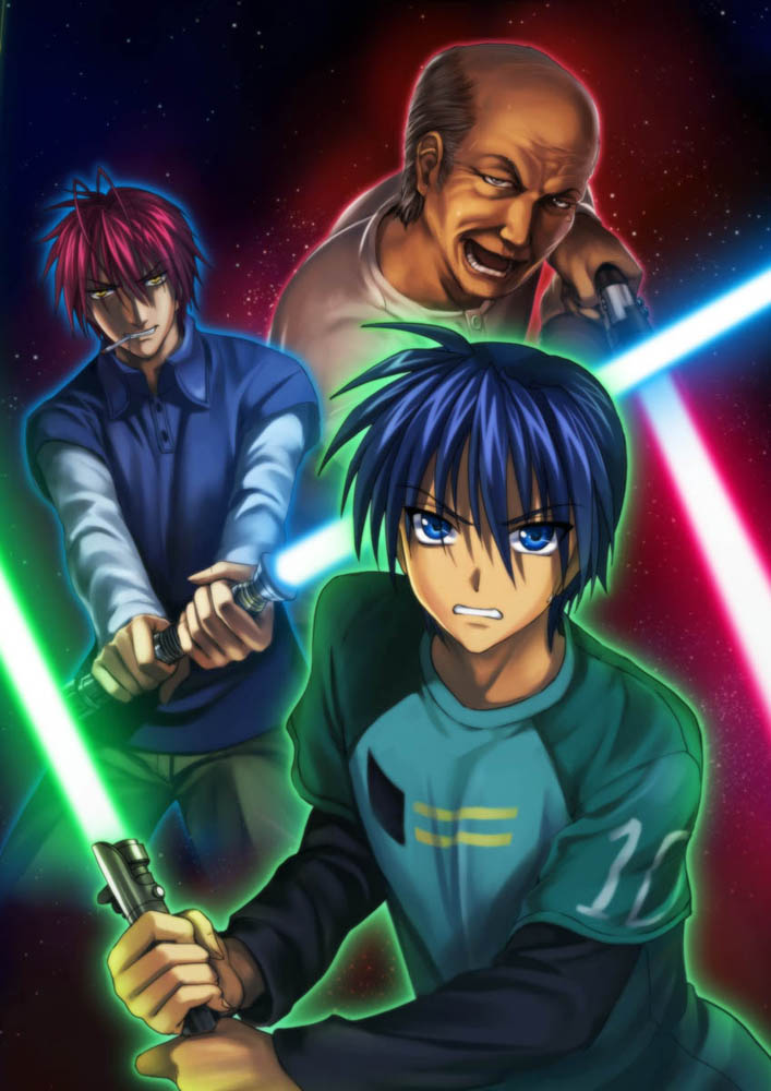 antenna_hair, bald, blue_eyes, blue_hair, cigarette, clannad, energy_sword, furukawa_akio
