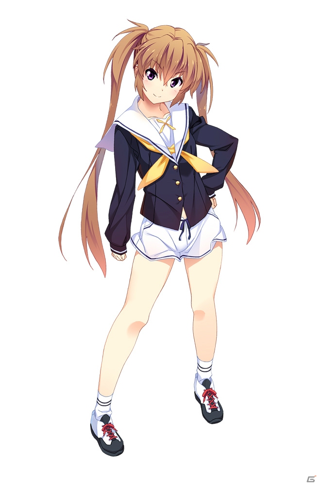 1girl, brown_hair, full_body, hand_on_hip, island_(game), kurutsu_karen, kuuchuu_yousai, long_hair