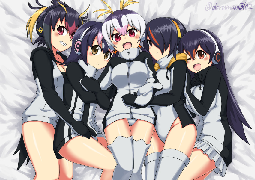 5girls, animal_ears, bed_sheet, black_hair, blush, breasts, brown_eyes, commentary_request