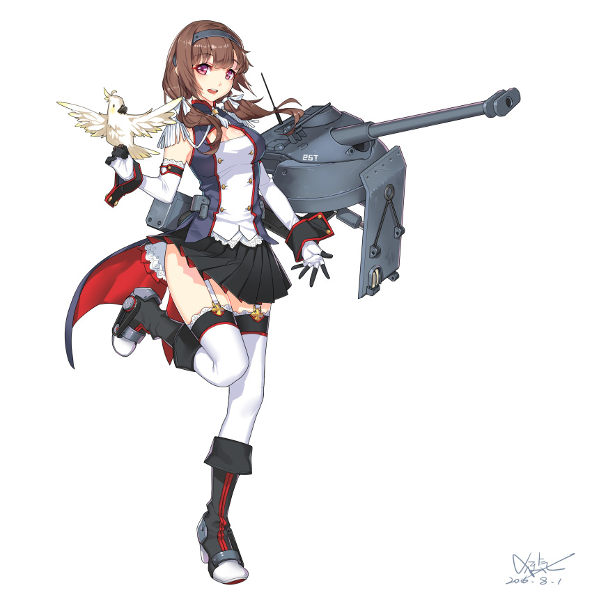 1girl, absurdres, bat.-chatillon_25_t_(panzer_waltz), bird, black_skirt, boots, breasts, brown_hair