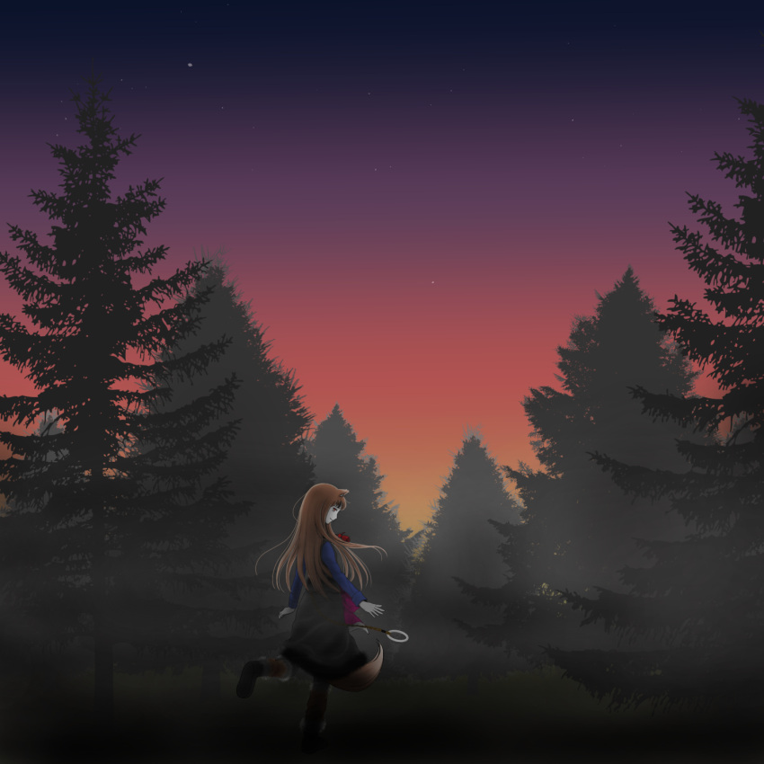 1girl, animal_ears, boots, fox_ears, fox_tail, grass, highres, holo, long_hair, night, night_sky, pine_tree, red_eyes, sky, smile, solo, spice_and_wolf, standing, standing_on_one_leg, star, suzupom, tail, tree