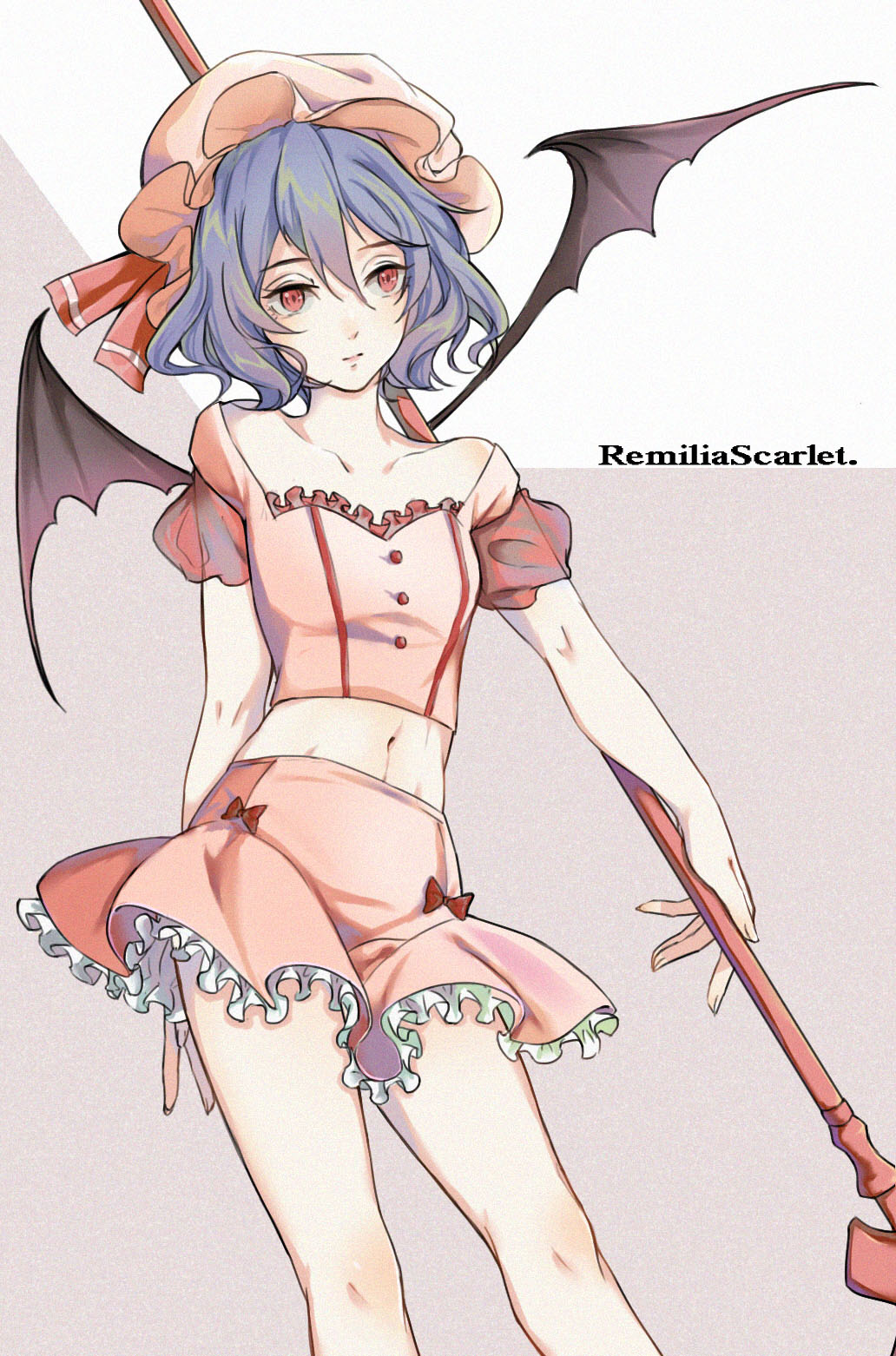1girl, bat_wings, bow, breasts, character_name, collarbone, evomi, eyelashes, frilled_skirt, frills, hat, highres, holding, knees, lace, midriff, navel, pale_skin, puffy_short_sleeves, puffy_sleeves, purple_hair, red_eyes, remilia_scarlet, short_hair, short_sleeves, simple_background, skirt, small_breasts, solo, text, touhou, wings