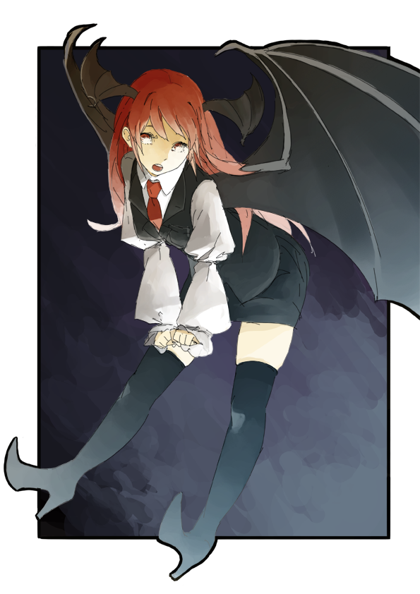 1girl, bat_wings, black_legwear, commentary, demon_girl, dress_shirt, full_body, head_wings