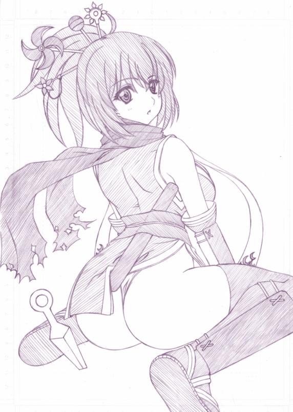 1girl, black_legwear, breasts, detached_sleeves, hair_ornament, japanese_clothes, kumashiro_izuta, kunai, large_breasts, long_hair, ninja, ninja_(ragnarok_online), panties, ponytail, ragnarok_online, scarf, solo, thigh-highs, underwear, weapon