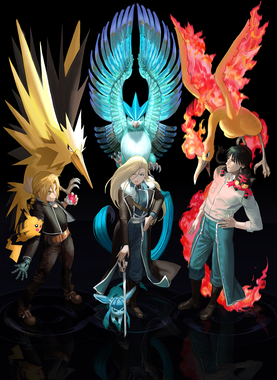 1girl, 2boys, amputee, articuno, black_background, black_hair, blonde_hair, blue_eyes, braid, bubble_jett, crossover, edward_elric, fullmetal_alchemist, glaceon, hair_over_one_eye, highres, litten, long_hair, military, military_uniform, moltres, multiple_boys, olivier_mira_armstrong, pikachu, poke_ball, pokemon, pokemon_(creature), ponytail, prosthesis, roy_mustang, sword, uniform, weapon, zapdos