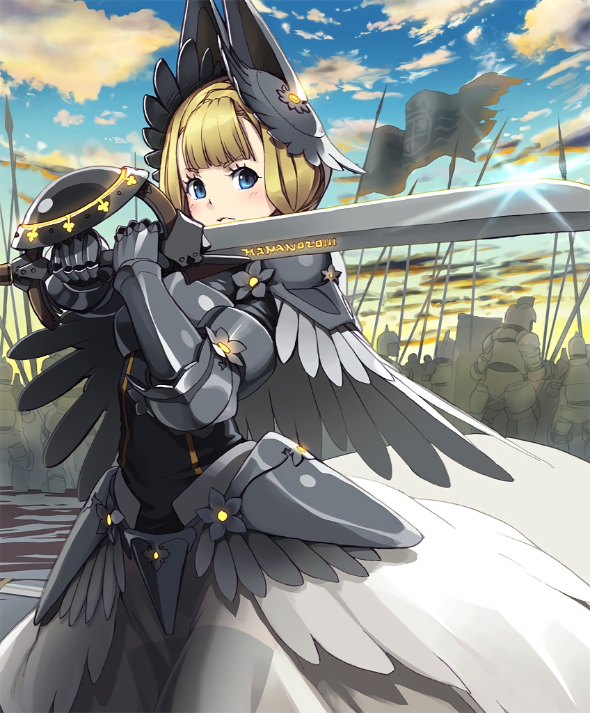 1girl, armor, armored_dress, army, artist_request, banner, blonde_hair, blue_eyes