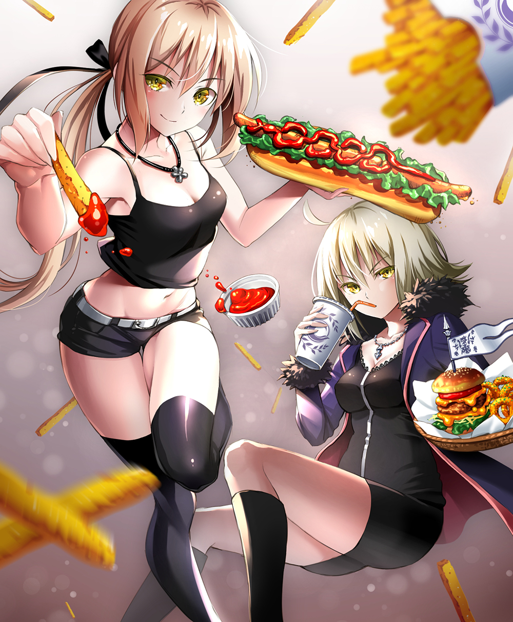 >:), 2girls, ahoge, armpits, bare_arms, bare_shoulders, belt, black_dress
