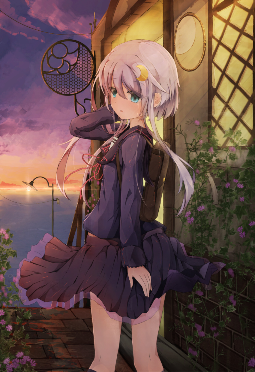 1girl, bag, black_serafuku, black_skirt, blue_eyes, crescent, crescent_hair_ornament, crying