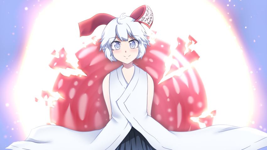 androgynous, celeritas_lumen, earthen_miraculous_sword, ex-lumen, grey_eyes, hakama, haori, highres, japanese_clothes, len'en, lenk64, looking_at_viewer, shell, short_hair, smile, talisman, white_hair