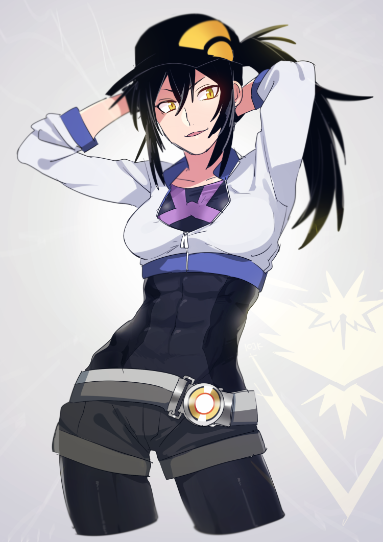 1girl, abs, arms_behind_head, belt, black_hair, breasts, contrapposto, cropped_jacket, female_protagonist_(pokemon_go), fig_(lchijiku), hat, leggings, legwear_under_shorts, medium_breasts, pantyhose, pantyhose_under_shorts, parted_lips, pokemon, pokemon_go, ponytail, short_shorts, shorts, sleeves_pushed_up, solo, toned, yellow_eyes, zapdos