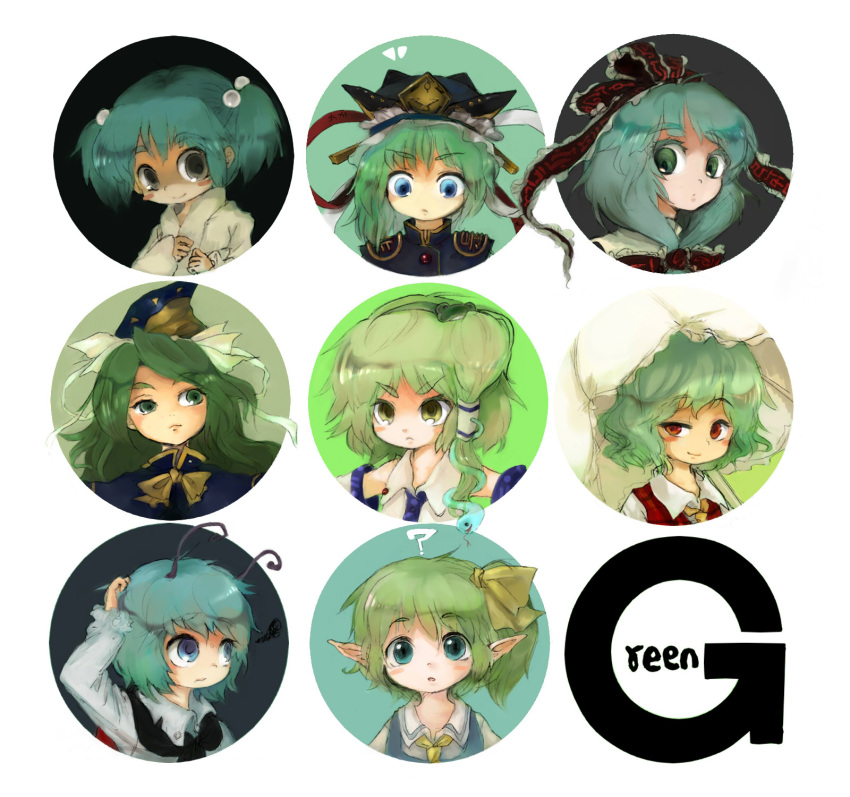 ?, antennae, ascot, blue_eyes, blush_stickers, bow, cape, daiyousei, detached_sleeves, english, frog, front_ponytail, green, green_eyes, green_hair, grey_eyes, hair_bobbles, hair_bow, hair_ornament, hair_ribbon, hair_tubes, hairband, hat, highres, k_no_hito, kagiyama_hina, kazami_yuuka, kisume, kochiya_sanae, long_hair, mima, multiple_girls, plaid_vest, pointy_ears, raised_eyebrow, ribbon, scratching_head, shikieiki_yamaxanadu, short_hair, side_ponytail, snake, sun, touhou, twintails, umbrella, wizard_hat, wriggle_nightbug