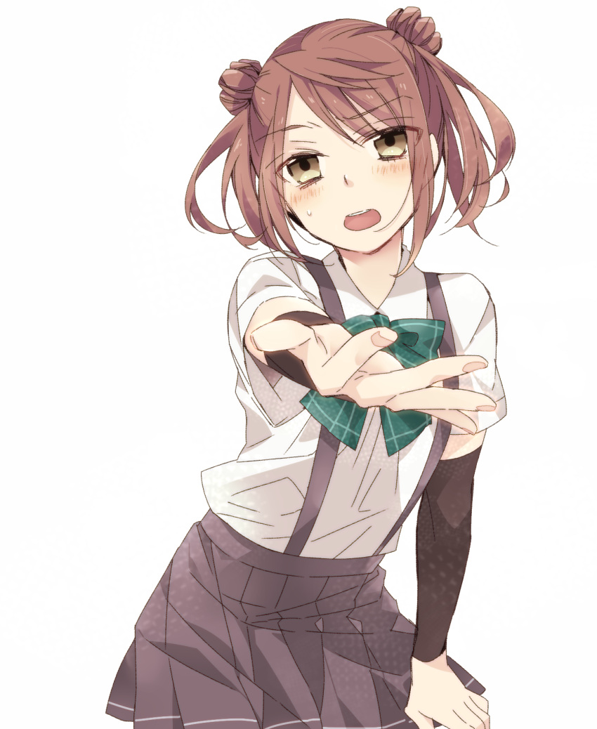 1girl, arm_warmers, black_skirt, blush, bow, bowtie, brown_eyes, brown_hair