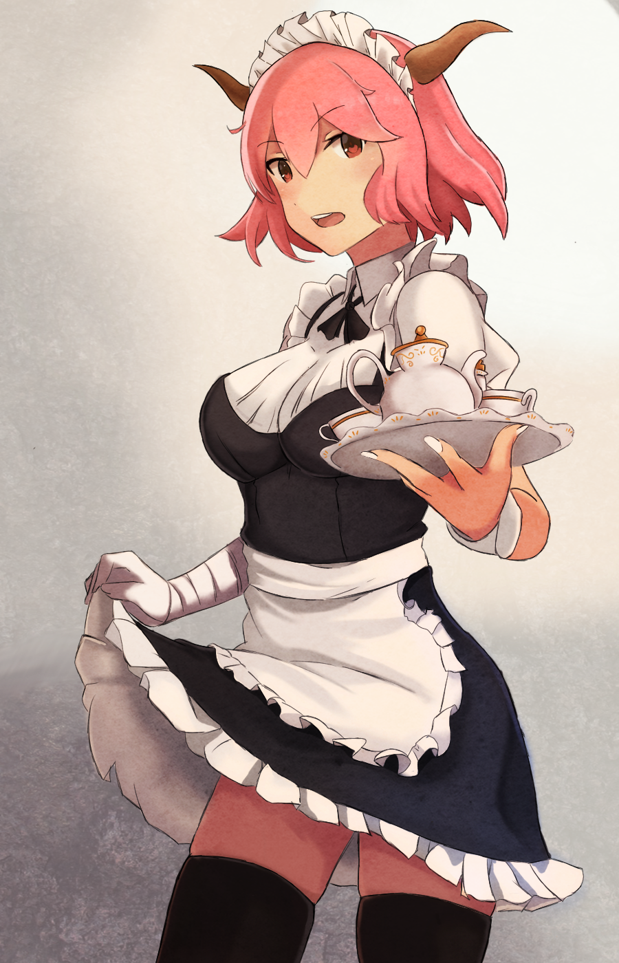1girl, alternate_costume, apron, bandaged_arm, black_bow, black_bowtie, black_dress, black_legwear
