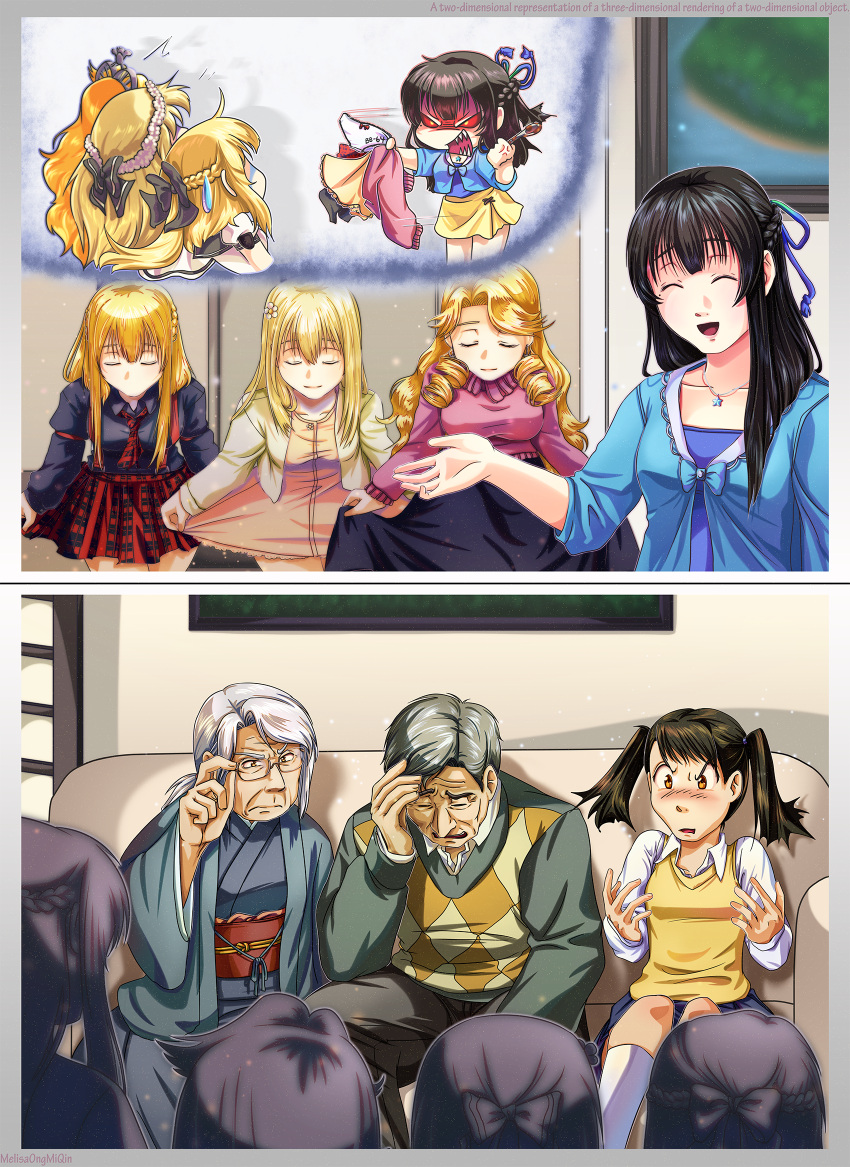 >:(, 1boy, 2koma, 6+girls, adjusting_glasses, alternate_costume, alternate_hairstyle, anchor_earrings
