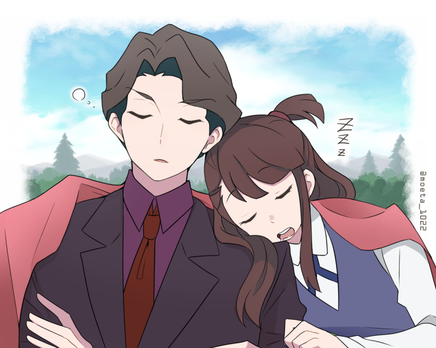 1boy, 1girl, andrew_hanbridge, bench, blue_sky, brown_hair, closed_eyes, clouds