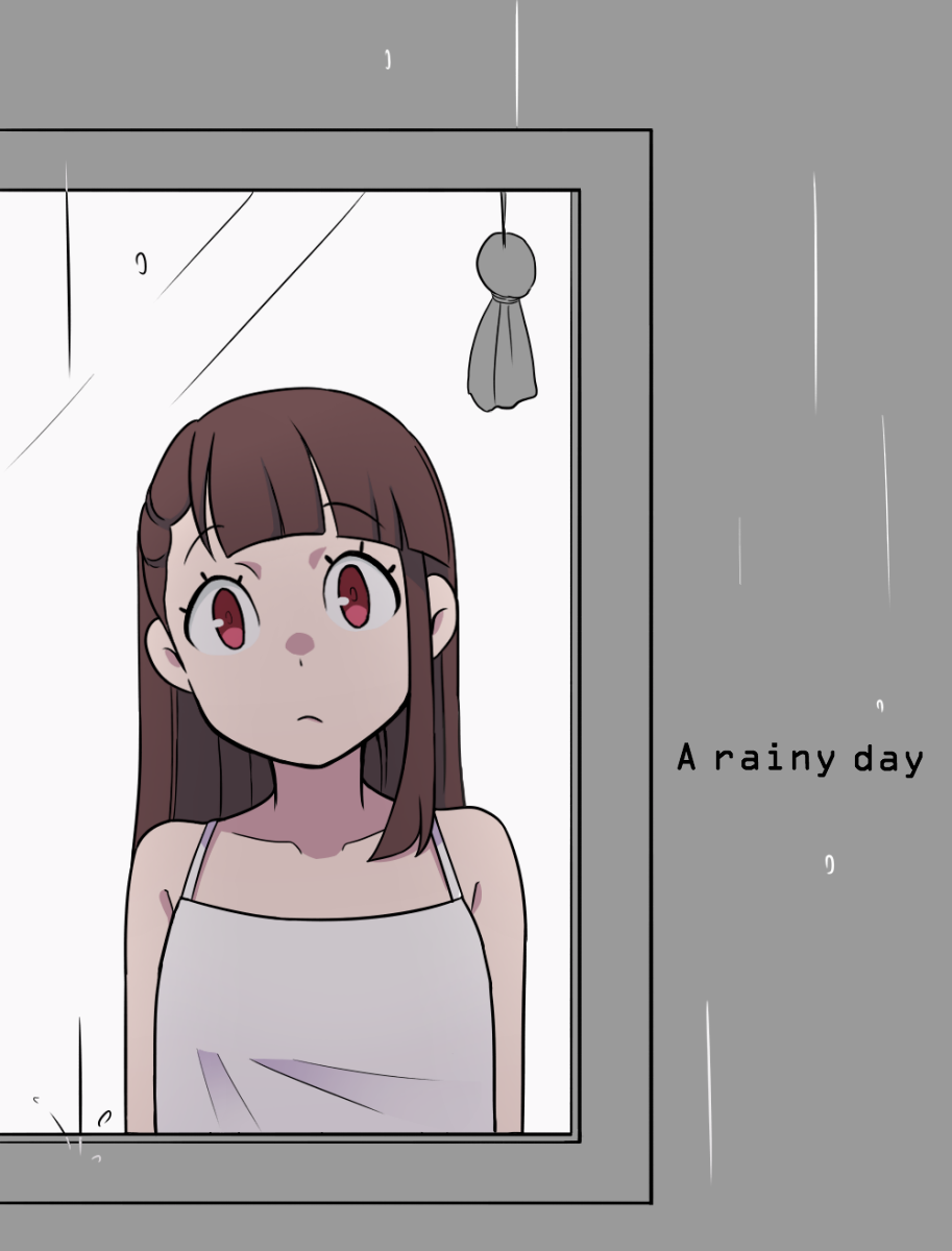 1girl, bangs, bare_shoulders, blunt_bangs, brown_hair, collarbone, english, eyebrows_visible_through_hair, hat, highres, kagari_atsuko, little_witch_academia, long_hair, looking_at_viewer, nakajima_asuka, pajamas, rain, red_eyes, solo, tank_top, tate_eboshi, text, window