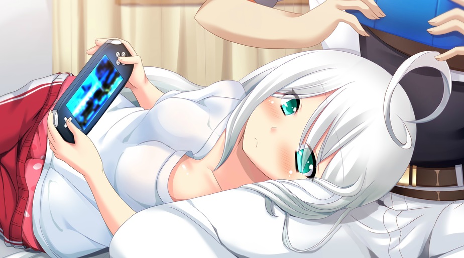 1boy, 1girl, ahoge, aqua_eyes, belt, blush, frown, handheld_game_console