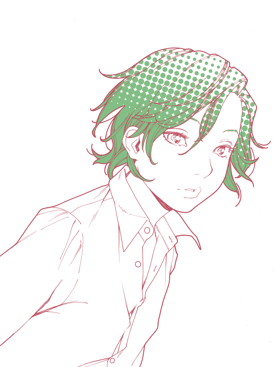 1girl, green_hair, highres, kishi_torajirou, monochrome, official_art, okayama_ai, otome_no_teikoku