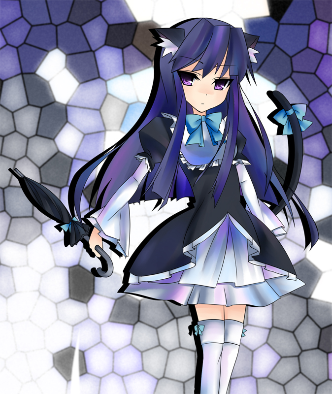 bad_id, blue_hair, cat_ears, cat_tail, dress, frederica_bernkastel, long_hair, miso0914, purple_eyes, ribbon, ribbons, stained_glass, tail, thighhighs, umbrella, umineko_no_naku_koro_ni, violet_eyes