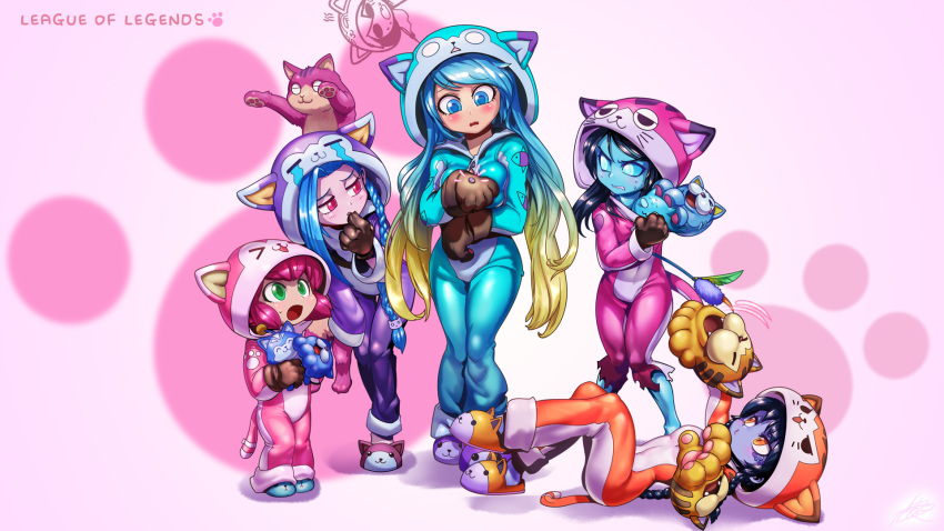 alternate_costume, animal_ears, annie_hastur, aqua_hair, black_hair, blue_eyes, blue_hair, blue_skin