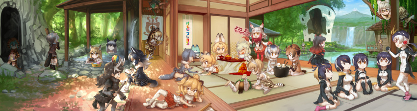 !, 6+girls, :3, :d, :o, ?, ^_^, ^o^, alpaca_ears, alpaca_suri, animal_ears, ankle_boots, ankle_socks, antlers, aqua_eyes, aqua_hair, architecture, arm_up, arms_up, bad_singing, ball, bangs, bare_arms, bare_shoulders, beachball, beamed_quavers, beaver_ears, beaver_girl, beaver_tail, bike_shorts, bird_girl, bird_tail, bird_wings, black-tailed_prairie_dog_(kemono_friends), black_bodysuit, black_boots, black_bow, black_bowtie, black_eyes, black_gloves, black_hair, black_jacket, black_legwear, black_ribbon, black_shoes, black_shorts, black_skirt, blonde_hair, blue_bow, blue_bowtie, blue_eyes, blue_sky, blunt_bangs, blush, bodysuit, book, boots, bow, bowl, bowtie, bracelet, breasts, brown_coat, brown_eyes, brown_hair, brown_jacket, brown_scarf, brown_shorts, brown_skirt, building, buttons, camouflage, campo_flicker_(kemono_friends), capybara_(kemono_friends), capybara_ears, cat_ears, cat_tail, cave, chameleon_tail, checkered, cleavage, clenched_hand, closed_eyes, closed_mouth, clouds, coat, collarbone, copyright_name, crested_ibis_(kemono_friends), cross-laced_footwear, cup, dappled_sunlight, day, digging, drawstring, drooling, east_asian_architecture, elbow_gloves, emperor_penguin_(kemono_friends), eurasian_eagle_owl_(kemono_friends), eyebrows_visible_through_hair, ezo_red_fox_(kemono_friends), facing_away, fang, feather-trimmed_sleeves, fingerless_gloves, food, forest, fox_ears, fox_tail, fruit, fur-trimmed_jacket, fur_collar, fur_trim, gentoo_penguin_(kemono_friends), giraffe_ears, giraffe_horns, giraffe_print, giraffe_tail, glasses, gloves, gradient_hair, grass, green_gloves, green_hair, green_shorts, green_skirt, grey_gloves, grey_hair, grey_legwear, grey_shirt, grey_swimsuit, grey_wolf_(kemono_friends), grill, hair_between_eyes, hair_bun, hair_over_one_eye, hand_on_hip, hand_over_eye, hand_up, handheld_game_console, hands_in_pockets, hands_on_thighs, hanging_scroll, hat, head_rest, head_wings, headphones, hiding, highres, hippopotamus_(kemono_friends), hippopotamus_ears, hippopotamus_girl, holding, holding_book, holding_pen, holding_staff, hole, hood, hoodie, humboldt_penguin_(kemono_friends), jacket, jaguar_(kemono_friends), jaguar_ears, japanese_crested_ibis_(kemono_friends), japari_bun, japari_symbol, jewelry, jitome, juggling, kemono_friends, knee_boots, knees_to_chest, knees_up, kotatsu, lace-up_boots, legs_crossed, leotard, lion_(kemono_friends), lion_ears, lion_tail, long_hair, long_sleeves, looking_at_another, looking_away, looking_down, looking_to_the_side, looking_up, lucky_beast_(kemono_friends), lying, magnifying_glass, mandarin_orange, margay_(kemono_friends), medium_breasts, meme, microskirt, monkey_ears, monkey_girl, moose_(kemono_friends), moose_ears, moose_tail, multicolored, multicolored_clothes, multicolored_gloves, multicolored_hair, multiple_girls, murakami_hisashi, music, musical_note, nature, neck_ribbon, necktie, north_american_beaver_(kemono_friends), northern_white-faced_owl_(kemono_friends), notebook, nude, on_side, on_stomach, onsen, open_mouth, orange_gloves, orange_hair, orange_legwear, orange_necktie, orange_skirt, otter_ears, otter_tail, outdoors, overgrown, panther_chameleon_(kemono_friends), pantyhose, paper_airplane, partially_submerged, paw_stick, pen, pink_boots, plaid, plaid_skirt, plant, pleated_skirt, pocket, ponytail, prairie_dog_tail, print_bow, print_coat, print_skirt, puffy_long_sleeves, puffy_sleeves, quaver, railing, red_eyes, red_gloves, red_legwear, red_ribbon, redhead, reticulated_giraffe_(kemono_friends), ribbon, river, rock, rockhopper_penguin_(kemono_friends), royal_penguin_(kemono_friends), sand_cat_(kemono_friends), sandstar, scarf, school_uniform, scroll, searching, seiza, serval_(kemono_friends), serval_ears, serval_print, shiny, shiny_hair, shirt, shoebill_(kemono_friends), shoes, short_hair, short_shorts, short_sleeves, shorts, side_ponytail, sidelocks, silver_fox_(kemono_friends), silver_hair, singing, sitting, skirt, sky, sleeveless, sleeveless_jacket, sleeveless_shirt, sliding_doors, small-clawed_otter_(kemono_friends), small_breasts, smile, snake_tail, socks, staff, standing, streaked_hair, striped_hoodie, striped_tail, stuck, sunlight, swimsuit, sword, table, tail, tareme, tatami, teapot, thigh-highs, toeless_legwear, tokonoma, torn_clothes, torn_hat, tree, tree_shade, tsuchinoko_(kemono_friends), tsurime, tunnel, twintails, two-tone_hair, upside-down, vines, volcano, wariza, water, waterfall, waving, weapon, white_boots, white_coat, white_hair, white_legwear, white_leotard, white_shirt, white_shoes, white_skirt, window, wings, wolf_ears, wolf_girl, wolf_tail, wood, wooden_floor, work_in_progress, writing, yellow_boots, yellow_eyes, zebra_(kemono_friends), zebra_ears, |d