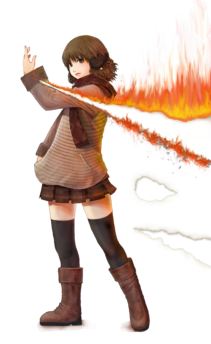 brown_hair, earmuffs, fire, highres, nekotama_(pixiv34129), original, thigh-highs, thighhighs