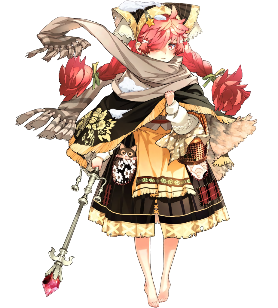 1girl, barefoot, basket, braid, carrying, cat, full_body, hair_over_one_eye