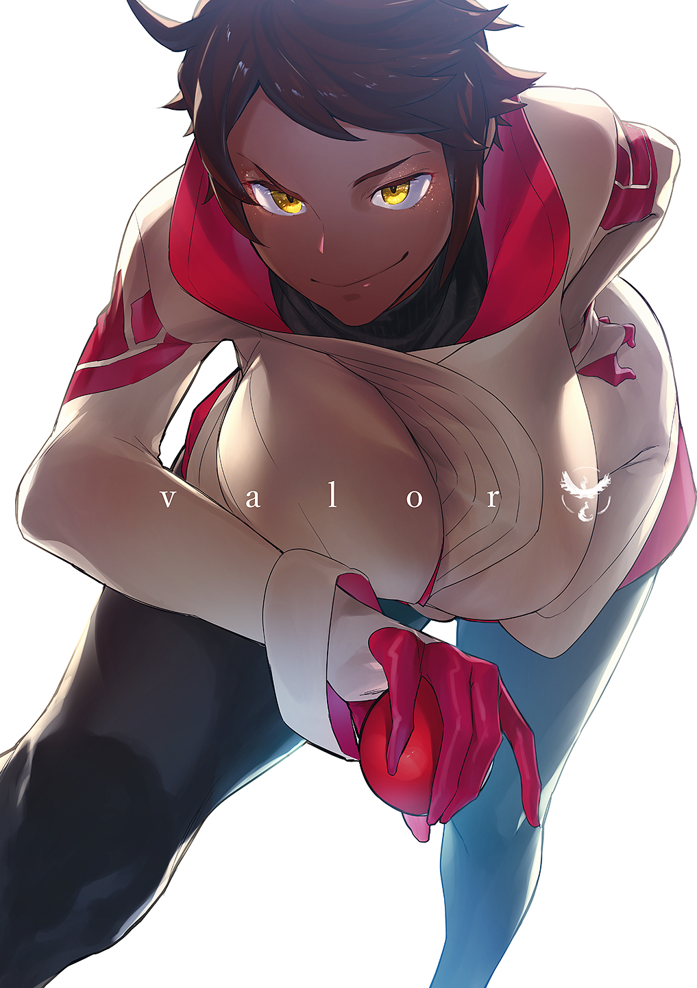 1girl, breasts, brown_hair, candela_(pokemon), dark_skin, gloves, highres, holding
