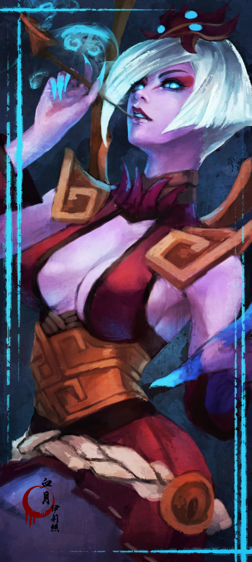 1girl, absurdres, alternate_costume, blood_moon_elise, blue_eyes, blue_nails, breasts, cleavage