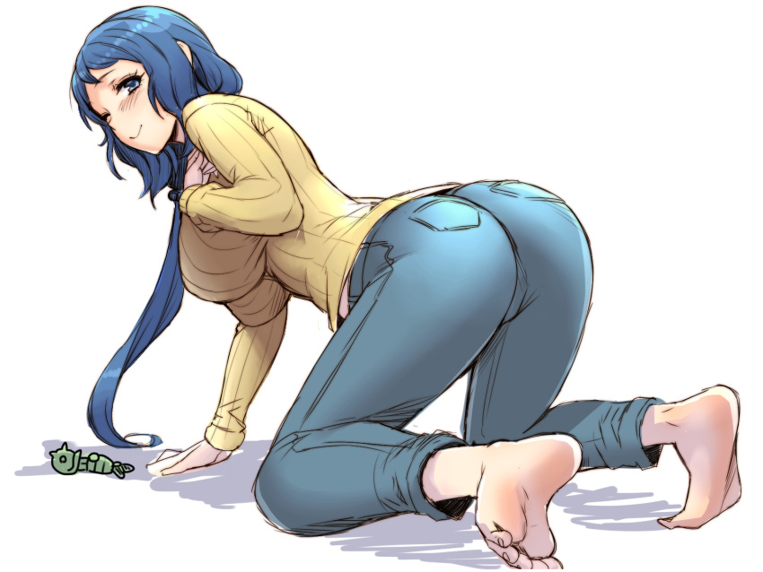 1girl, all_fours, angelo_(gomahangetsu), ass, barefoot, blue_eyes, blue_hair, blush