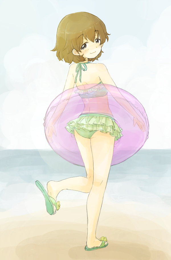 1girl, bangs, bikini, bikini_skirt, brown_eyes, brown_hair, closed_mouth, freckles