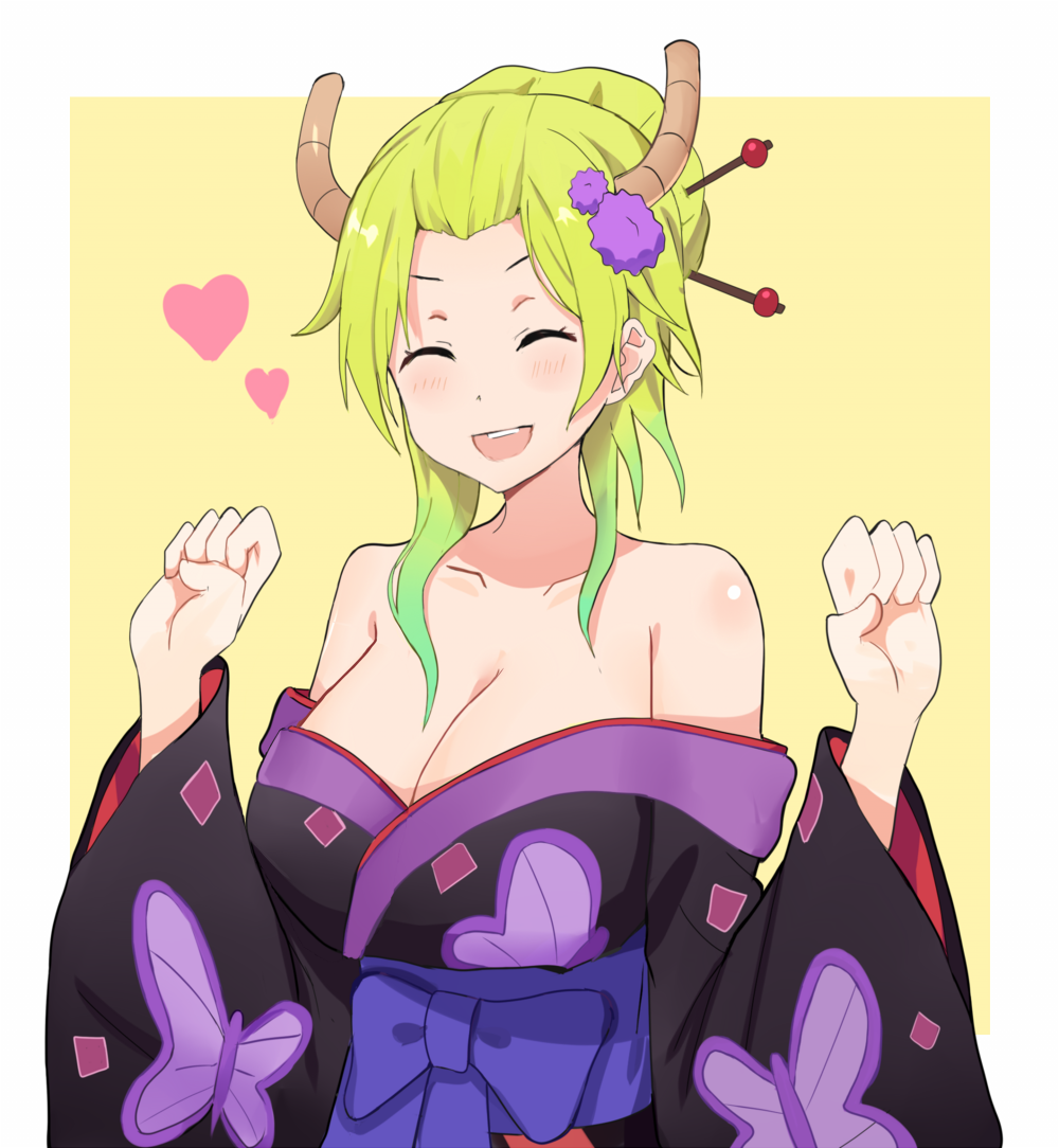1girl, bare_shoulders, blonde_hair, breasts, cleavage, clenched_hands, closed_eyes, dragon_girl