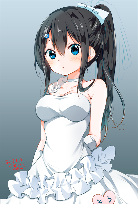 1girl, bare_shoulders, black_hair, blue_eyes, blush, bow, breasts, choker