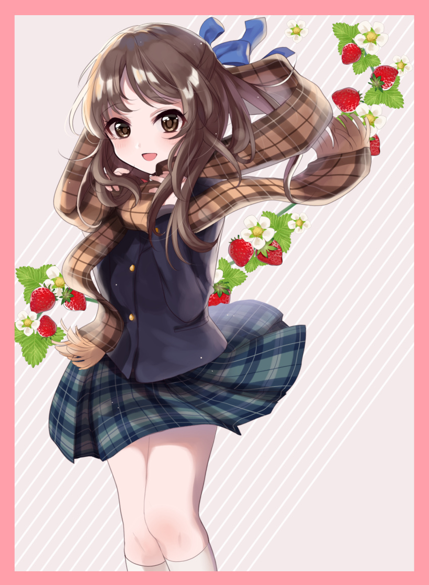 1girl, arms_at_sides, bangs, blazer, blue_ribbon, blush, bow, brown_eyes