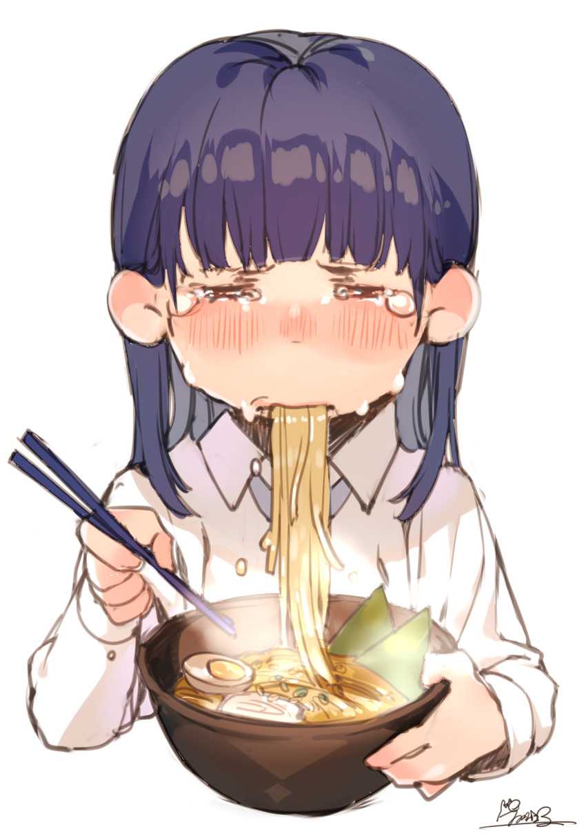 1girl, artist_name, bangs, blush, bowl, crying, eating, egg