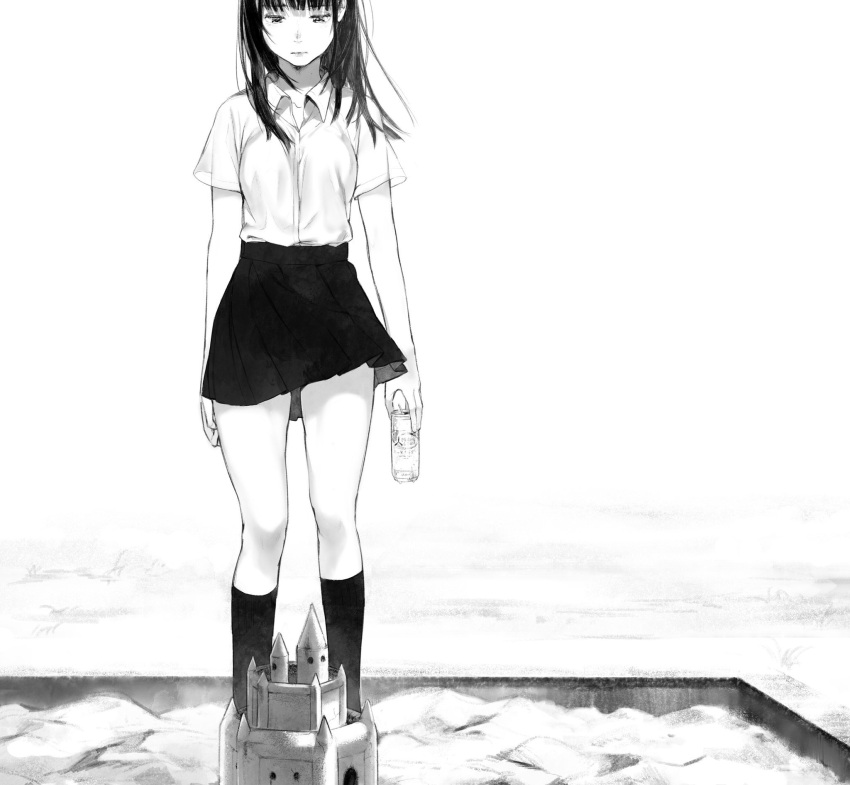 1girl, bangs, blouse, can, cider_to_suna_no_shiro, closed_mouth, floating_hair, greyscale