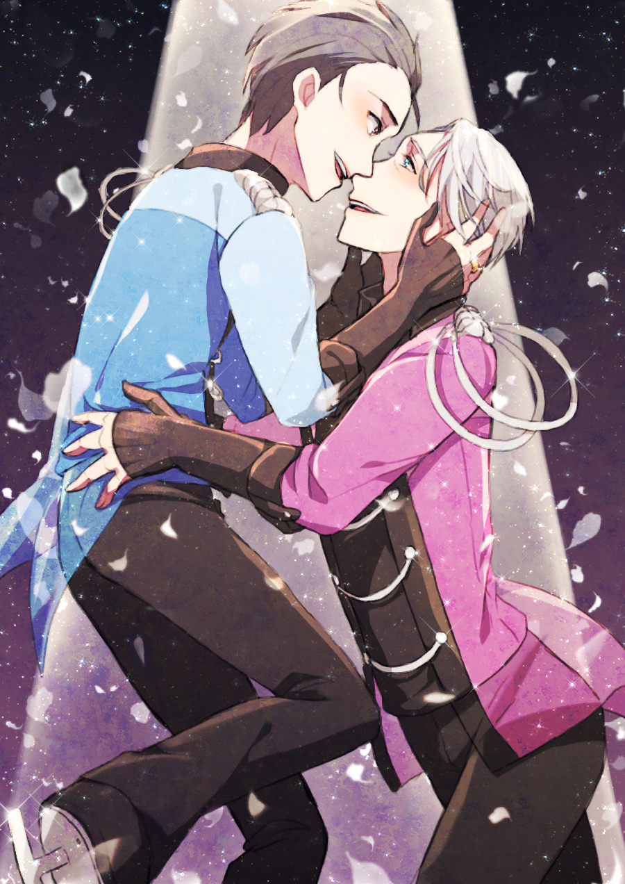 2boys, agatsu_yudume, black_hair, blue_eyes, brown_eyes, epaulettes, eye_contact, hand_on_another's_hip