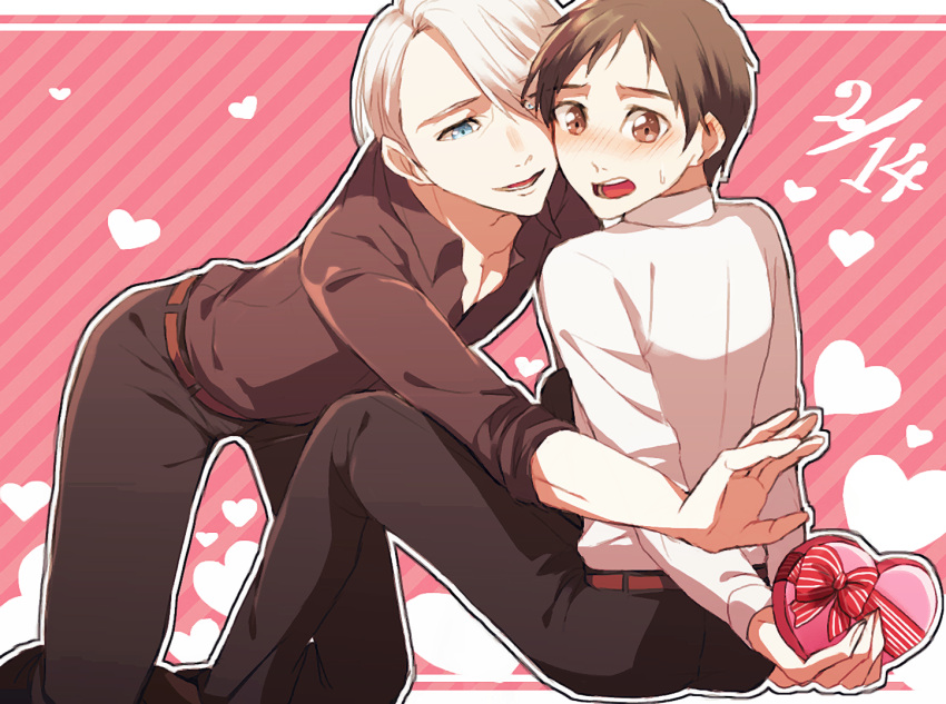 2boys, agatsu_yudume, black_hair, blue_eyes, blush, bow, brown_eyes, collared_shirt